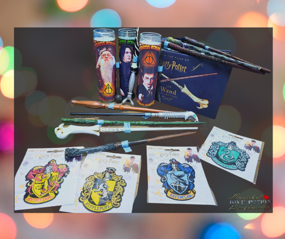 Wands, patches, and candles inspired by and featuring designs from Harry Potter.