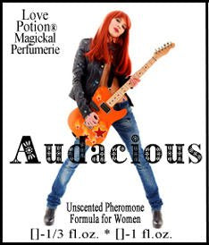 Love Potion product label featuring  long haired young woman posing with an electric guitar. 
