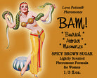 Love Potion: BAM pheromone label featuring pinup of woman dancing with a snake.