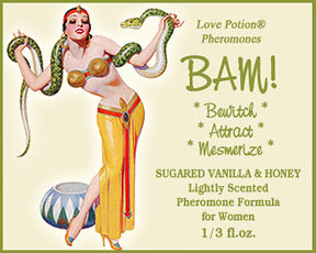 Love Potion: BAM pheromone label featuring pinup of woman dancing with a snake.
