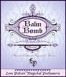 Love Potion: Balm Bomb perfume label, featuring fancy text on a lavender background.