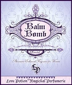 Love Potion: Balm Bomb perfume label, featuring fancy text on a lavender background.