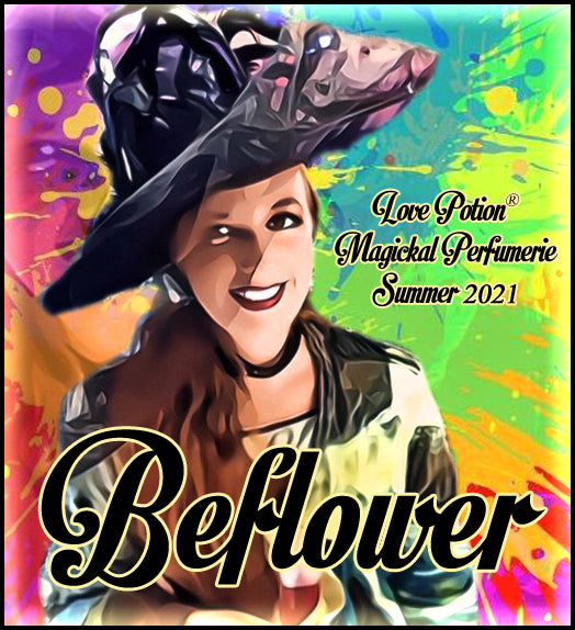 Image of perfume label featuring stylyzed photo of a woman on a multicolored splash painted background.