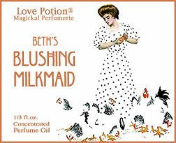 Love Potion Blushing Milkmaid label featuring young farm woman feeding chickens, by artist Coles Phillips.