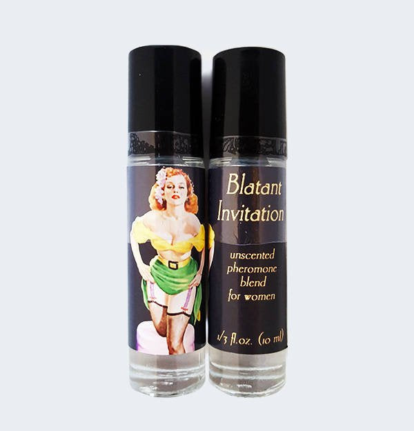 Roll-on unscented pheromone bottles with Blatant Invitation pheromone mix.