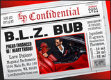 Image of Perfume Label featuring stylized newspaper headline with picture of a man. Feb 2021 Collection. 