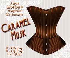 Love Potion Caramel Musk label featuring illustration of antique corset.