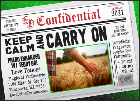Image of Perfume Label featuring stylized newspaper headline with picture of a man's hand touching wheat. Feb 2021 Collection. 