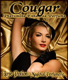 Love Potion Cougar clean perfume label featuring sexy woman on gold silk background.