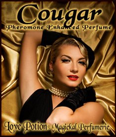 Love Potion Cougar clean perfume label featuring sexy woman on gold silk background.