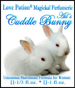 Love Potion Cuddle Bunny Pheromone label featuring 2 baby bunnies cuddling. 