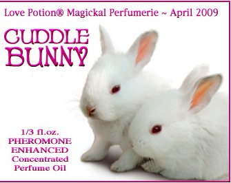 Love Potion perfume label featuring 2 baby bunnies cuddling.