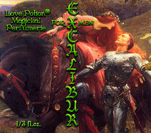 Love Potion perfume label featuring classical artwork of a beautiful damsel kissing a knight in armor.