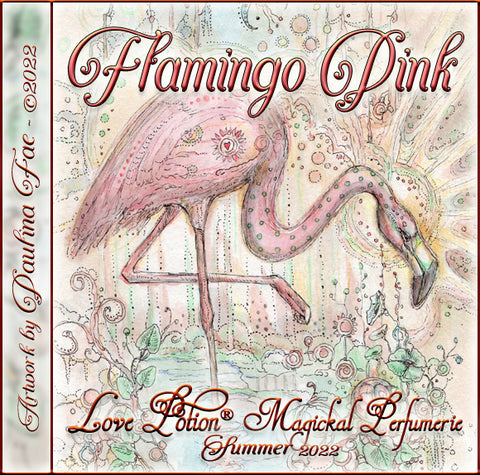 Image of perfume label featuring illustration by artist Paulina Fae of a pink flamingo. 