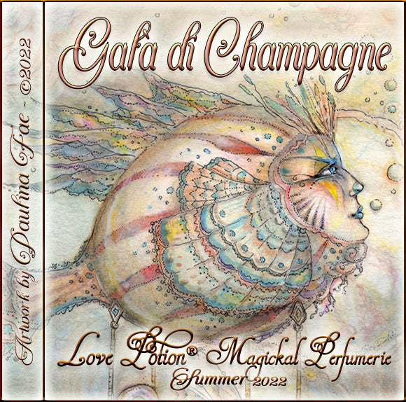 Image of perfume label featuring illustration by artist Paulina Fae of a hot air balloon that looks like a fish with a human face. 