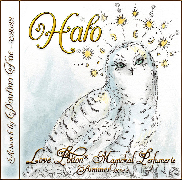 Image of perfume label featuring illustration by artist Paulina Fae of an owl with a halo of golden stars.