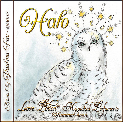 Image of perfume label featuring illustration by artist Paulina Fae of an owl with a halo of golden stars.