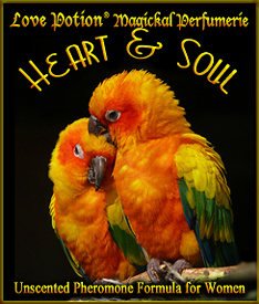 Love Potion Pheromone label featuring a pair of colorful birds snuggling. 