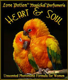 Love Potion Pheromone label featuring a pair of colorful birds snuggling. 