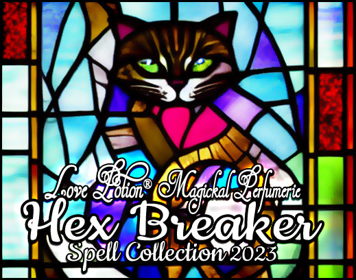 Hex Breaker herbal clean perfume with subtle natural fragrances that purify the soul. Label features a stained glass cat.