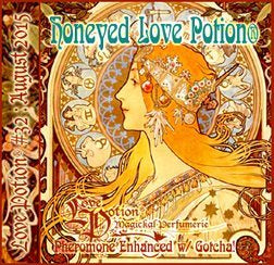 Love Potion perfume label featuring honey-colored Alphonse Mucha artwork of woman's face in profile.