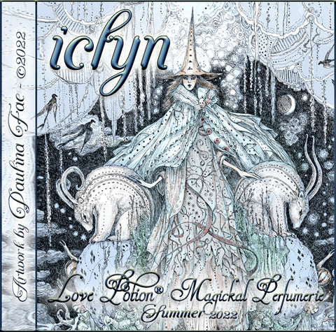 Image of perfume label featuring illustration by artist Paulina Fae of an ice queen flanked by two arctic animals. 