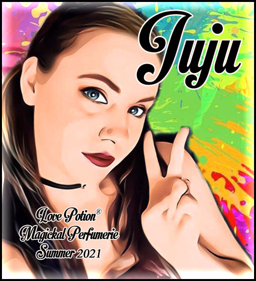 Image of perfume label featuring stylized photo of a woman on a multicolored splash painted background.