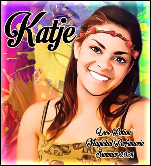 Image of perfume label featuring stylized photo of a woman on a multicolored splash painted background.