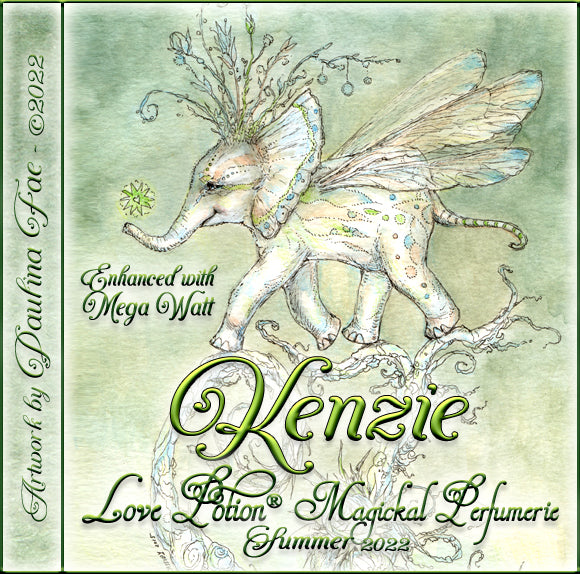 Image of perfume label featuring illustration by artist Paulina Fae of a baby elephant with wings, walking on a tree branch.