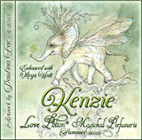 Image of perfume label featuring illustration by artist Paulina Fae of a baby elephant with wings, walking on a tree branch.