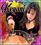 Image of perfume label featuring stylized photo of a woman on a multicolored splash painted background.