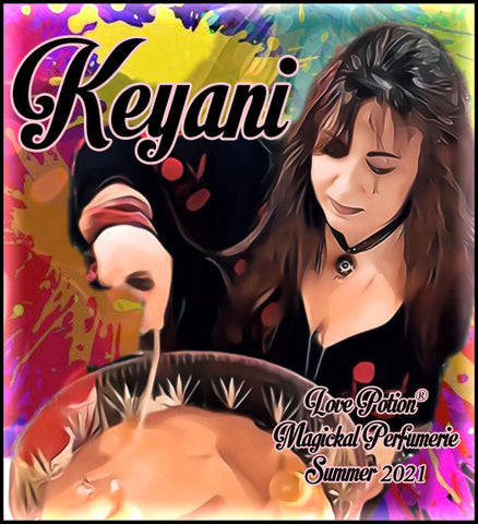 Image of perfume label featuring stylized photo of a woman on a multicolored splash painted background.