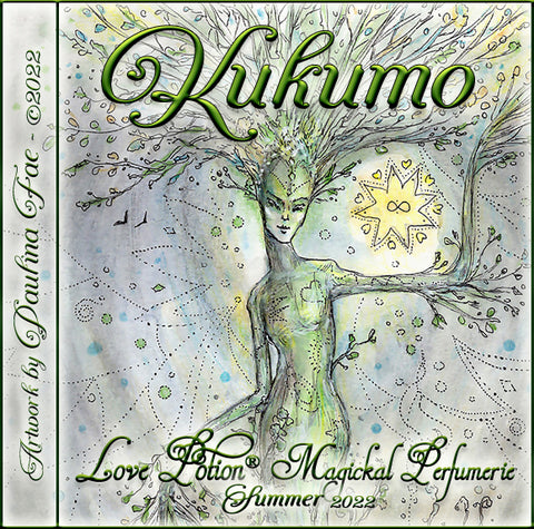 Image of perfume label featuring illustration by artist Paulina Fae of a humanoid tree.