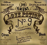 Love Potion #9 perfume label, featuring fancy text on aged parchment background, crafted to look like an antique potion label.