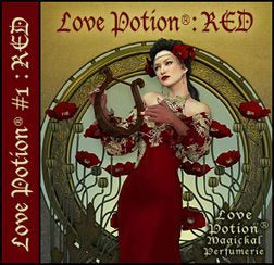 Love Potion: Red perfume label featuring art nouveau style artwork of lovely woman in red surrounded by red poppy flowers.