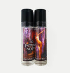 Love Potion Pheromone label for La Femme Noire, featuring painting of beautiful woman performing the Dance of the Seven Veils, on glass product bottles.