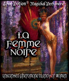 Love Potion Pheromone label for La Femme Noire, featuring painting of beautiful woman performing the Dance of the Seven Veils.