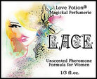 Love Potion Pheromone label for Lace, featuring watercolor painting of attractive blonde woman. 