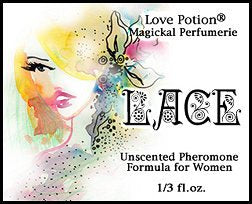 Love Potion Pheromone label for Lace, featuring watercolor painting of attractive blonde woman. 