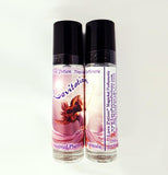 Love Potion Pheromone label for Levitation, featuring beautiful woman joyously dancing, on glass product bottles.
