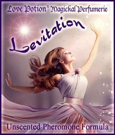Love Potion Pheromone label for Levitation, featuring beautiful woman joyously dancing. 