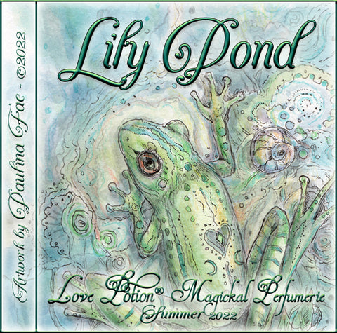 Image of perfume label featuring illustration by artist Paulina Fae of a frog on a lily pad. 