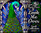 Look Me Over magic spell perfume for attraction with sweet flowers and fruits. Label shows a stained glass peacock.