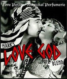 Love Potion pheromone label for Love God, featuring antique photo of silent film actor Valentino kissing a lover.
