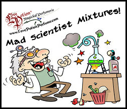 Love Potion Mad Science pheromone label featuring cartoon of cackling mad scientist in a lab with chemistry bottles. 