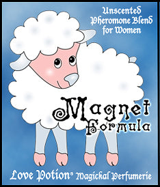 Love Potion Magnet Formula pheromone label featuring fluffy cute lamb cartoon.