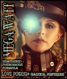 Love Potion Pheromone label for Mega Watt, featuring steampunk image of a woman with a lighted electric eye.