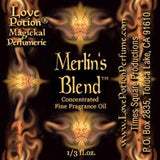 Love Potion: Merlin's Blend label featuring text on background suggesting the faces of woodland gods.