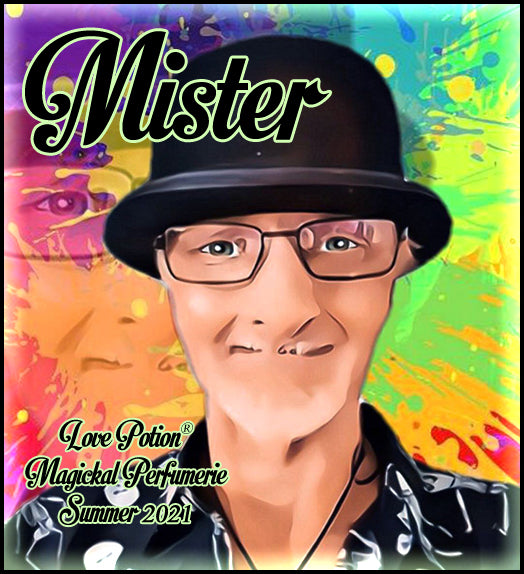 Image of perfume label featuring stylized photo of a man on a multicolored splash painted background.