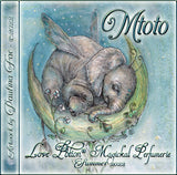 Image of perfume label featuring illustration by artist Paulina Fae of a baby elephant sleeping on a crescent moon. 